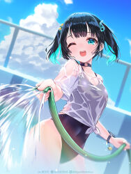 1girl ;d amatou_(ko_me_9) black_hair black_one-piece_swimsuit blue_eyes blue_sky cloud covered_navel empty_pool fortissimo hair_ornament highres holding holding_hose hose indie_virtual_youtuber looking_at_viewer musical_note musical_note_hair_ornament o-ring_collar one-piece_swimsuit one_eye_closed open_mouth pool railing see-through_clothes shirt short_hair short_sleeves sky smile solo summer swimsuit swimsuit_under_clothes t-shirt tied_shirt twintails virtual_youtuber water wet wet_clothes wet_shirt white_shirt wing_tung wristband