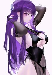 1girl 707arisu arms_up black_dress breasts cleavage_cutout closed_mouth clothing_cutout cowboy_shot dress elbow_gloves fern_(sousou_no_frieren) gloves highres large_breasts long_hair pelvic_curtain purple_eyes purple_hair simple_background solo sousou_no_frieren stomach_cutout straight_hair very_long_hair
