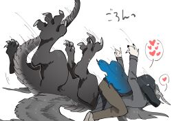 2girls absurdres black_hair blue_hair centauroid ckillust commentary_request dragon_girl dragon_horns grey_hair grey_jacket grey_skirt grey_sweater heart highres horns hug jacket long_hair looking_at_another lying lying_on_person monster_girl multiple_girls on_back original school_uniform simple_background skirt spoken_heart sweater taur translation_request very_long_hair white_background yuri