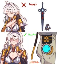 1boy 1girl absurdres ahoge bird black_bird blush breasts cleavage cleavage_cutout closed_eyes closed_mouth clothing_cutout crying drakeposting_(meme) fingerless_gloves gloves grey_hair hetero highres houkiz index_finger_raised jacket large_breasts long_hair lower_body meme no_(gesture) official_alternate_costume open_clothes open_jacket pants pointing rejection single_hair_intake smile streaming_tears sword tears unitard upper_body very_long_hair weapon wise_(soaring_crane)_(zenless_zone_zero) wise_(zenless_zone_zero) yellow_jacket yixuan_(zenless_zone_zero) zenless_zone_zero