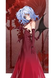 1girl bare_shoulders bat_wings blood blood_splatter blue_hair blush breasts detached_sleeves dress eiferqimuyu highres looking_at_viewer medium_hair red_dress red_eyes remilia_scarlet revealing_clothes small_breasts smile solo strapless strapless_dress touhou wings
