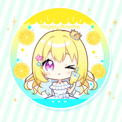 &gt;_o 1girl ;&gt; aoi_yun bare_shoulders blonde_hair character_request chibi closed_mouth copyright_request crown cup diagonal-striped_background disposable_cup dress drink drinking_straw food fruit hair_ornament halftone holding holding_cup holding_drink jewelry lemon lemon_slice lemonade long_hair mini_crown necklace off-shoulder_dress off_shoulder one_eye_closed pointed_crown purple_eyes smile star_(symbol) star_hair_ornament striped_background tilted_headwear triangle_mouth white_dress