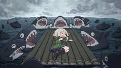 1girl absurdres boots cloud drooling fork green_jacket highres jacket kame_(kamepan44231) knife ocean original raft shark sleeping white_hair