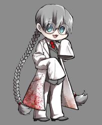 Rule 34 | 1girl, :3, blue eyes, coat, collared shirt, e.g.o (project moon), employee (project moon), grey hair, grey shoes, grey vest, grinder mk4 (e.g.o), highres, lobotomy corporation, long hair, long sleeves, looking at viewer, necktie, nugget (project moon), open mouth, pants, project moon, red necktie, shirt, shoes, sleeves past fingers, sleeves past wrists, smile, solo, very long hair, vest, white coat, white pants, white shirt, yatsumeunagi