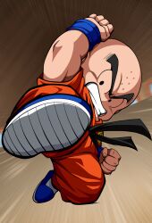 1boy bald bald_male black_eyes dragon_ball dragon_ball_(classic) kicking kuririn martial_arts official_art serious solo world_martial_arts_tournament
