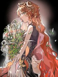 1girl bare_shoulders black_background black_dress bug chinese_commentary closed_mouth crescent crescent_hair_ornament dress druvis_iii expressionless fireflies firefly from_side green_eyes hair_ornament highres holding holding_plant insect leaf_hair_ornament long_hair looking_at_viewer mistletoe official_alternate_costume orange_hair parted_bangs plant procreate_(medium) profile qiu_ji reverse:1999 sideways_glance sleeveless sleeveless_dress solo upper_body very_long_hair wavy_hair