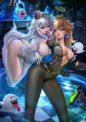 2girls arm_between_breasts ass bent_over between_breasts black_gloves blonde_hair blue_eyes boo_(mario) breasts checkered_floor cleavage cosplay crown dress earrings felox08 fingerless_gloves ghost_trap ghostbusters gloves halloween jewelry jumpsuit large_breasts long_hair luigi&#039;s_mansion mario_(series) multiple_girls nintendo no_bra open_mouth pale_skin panties partially_unzipped princess_king_boo princess_peach purple_eyes red_eyes sharp_teeth super_crown teeth tongue tongue_out underwear white_dress white_gloves white_hair white_panties yuri