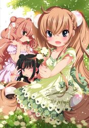 3girls black_eyes black_hair blue_eyes blunt_bangs breasts brown_eyes brown_hair cleavage collarbone commentary_request double_bun dress flower grass green_dress hair_between_eyes hair_bobbles hair_bun hair_ornament head_rest highres holding holding_flower kagami_kuro kodomo_no_jikan kokonoe_rin long_hair looking_at_viewer multiple_girls no_eyewear official_art one_eye_closed pink_dress short_sleeves small_breasts twintails usa_mimi v very_long_hair watashiya_kaworu