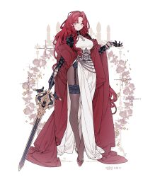 1girl black_flower black_rose bracelet breasts commentary commission dress embroidered_legwear embroidery eyeshadow floral_background flower flower_wreath full_body garter_straps gold_embroidery holding holding_sword holding_weapon jewelry large_breasts lemon89h long_hair looking_at_viewer makeup original pantyhose red_eyeshadow red_hair red_shawl red_shoes rococo_movement rose shawl shoes solo standing sword very_long_hair wavy_hair weapon white_dress yellow_eyes