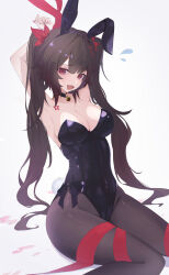 1girl absurdres alternate_breast_size alternate_costume animal_ears bell black_leotard black_pantyhose bound bound_wrists breasts commentary_request fake_animal_ears flower_tattoo highres honkai:_star_rail honkai_(series) large_breasts leotard looking_at_viewer neck_bell open_mouth pantyhose pisuke_(user_kcmh2774) purple_eyes rabbit_ears simple_background solo sparkle_(honkai:_star_rail) sweatdrop tattoo white_background