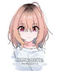 Rule 34 | 1girl, ahoge, alternate hair color, closed mouth, clothes writing, gradient hair, grey shirt, hair between eyes, hair intakes, highres, idolmaster, idolmaster cinderella girls, kakki (kackie), looking at viewer, medium hair, multicolored hair, pink eyes, shirt, simple background, solo, upper body, white background, yumemi riamu