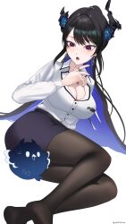 1girl absurdres asymmetrical_horns black_hair black_horns black_pantyhose black_skirt blue_hair breasts cleavage colored_inner_hair earrings gototo_touma highres hololive hololive_english horns jailbird_(nerissa_ravencroft) jewelry large_breasts miniskirt multicolored_hair nerissa_ravencroft nerissa_ravencroft_(casual) open_mouth pantyhose ponytail red_eyes red_nails shirt simple_background skirt virtual_youtuber white_background white_shirt