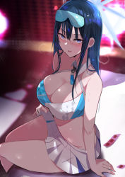 1girl bare_shoulders black_hair blue_archive blue_eyes blush breasts cheerleader cleavage cosplay crop_top halo highres large_breasts long_hair looking_at_viewer millennium_cheerleader_outfit_(blue_archive) miniskirt muoto pleated_skirt saori_(blue_archive) skirt solo steam sweat white_skirt