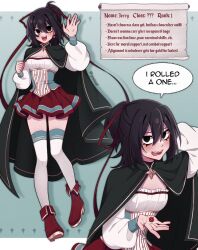 1girl black_eyes black_hair blush breasts cloak commentary corset d20_(die) dice dungeons_&amp;_dragons english_commentary english_text eyeliner green_cloak hair_between_eyes highres holding holding_dice icosahedron jeminix2 long_sleeves looking_at_viewer makeup mole multiple_views open_mouth original polyhedral_dice ponytail puffy_sleeves red_eyeliner red_footwear red_skirt short_hair simple_background skirt small_breasts speech_bubble sweat teeth thighhighs upper_teeth_only wavy_mouth white_thighhighs