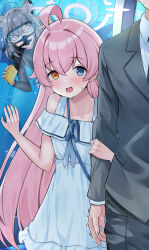 1boy 2girls absurdres against_glass ahoge alternate_costume anger_vein angry animal_ear_fluff animal_ears aquarium arm_at_side arm_hug bare_shoulders blue_archive blue_eyes blue_halo blush collarbone commentary cross_hair_ornament diving_mask diving_suit dress eyes_visible_through_hair flirting formal_clothes goggles grey_hair grey_suit hair_between_eyes hair_ornament halo hand_on_glass hand_up heart heart-shaped_pupils hetero heterochromia highres holding holding_sponge hoshino_(blue_archive) indoors jealous long_hair looking_at_another medium_hair mi_taro333 multiple_girls off-shoulder_dress off_shoulder open_mouth pink_hair pink_halo sensei_(blue_archive) shiroko_(blue_archive) smile solo_focus sponge straight_hair suit sundress sweatdrop symbol-shaped_pupils trembling v-shaped_eyebrows very_long_hair white_dress wolf_ears yellow_eyes