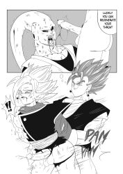 3boys absurdres anal ass blood cum dragon_ball dragon_ball_super dragonball_z earrings english_text erection fangs fellatio fused_zamasu highres jewelry majin_buu majinbuusama male_focus monochrome multiple_boys muscular muscular_male open_mouth oral pectorals penis potara_earrings rough_sex sex super_buu super_saiyan super_saiyan_blue testicles tongue tongue_out uncensored vegetto yaoi zamasu