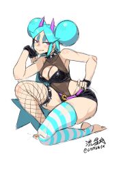 1girl absurdres asymmetrical_legwear belt black_bra black_gloves blue_hair bra breasts cleavage cleavage_cutout clothing_cutout collar commentary double_bun fingerless_gloves fishnet_thighhighs fishnets full_body gloves hair_bun hand_on_own_hip highleg highleg_leotard highres horns leotard leotard_under_clothes long_hair medium_breasts micro_shorts on_one_knee original pink_belt pink_eyes pink_horns ryuusei_(mark_ii) see-through_clothes see-through_leotard short_shorts shorts shrimball_(ryuusei_(mark_ii)) signature smile solo spiked_collar spiked_thighlet spikes strapless strapless_bra striped_clothes striped_thighhighs thick_eyebrows thighhighs thighs twitter_username underwear very_long_hair
