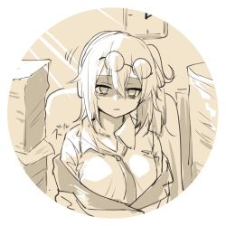 1girl bags_under_eyes clock commentary_request eyewear_on_head female_focus girls&#039;_frontline glasses griffin_&amp;_kryuger_military_uniform highres jacket kalina_(girls&#039;_frontline) necktie paper_stack ponytail shinoe_nun solo tired