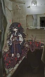 1girl bathtub black_eyes black_hair blue_sailor_collar guro highres holding holding_scissors iewa indoors long_hair long_sleeves mirror neckerchief open_mouth original photo_background red_neckerchief sailor_collar school_uniform scissors serafuku shirt sidelocks smile solo surreal white_shirt