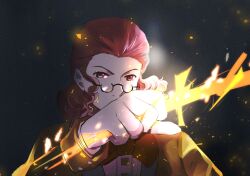 1boy black_background bow bowtie brown_hair classicaloid coat commentary_request conductor_baton covered_mouth embers franz_schubert_(classicaloid) glasses holding_baton kusano_gurima long_sleeves looking_at_viewer male_focus orange_coat solo upper_body