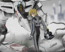 1boy blonde_hair canopy choujikuu_yousai_macross clenched_hand cockpit damaged emblem energy_cannon falconkpd gerwalk gloves gunpod helmet highres jolly_roger looking_at_viewer looking_back macross mecha mullet pilot pilot_suit realistic robot roy_focker ruins science_fiction sdf-1 sideburns spacecraft u.n._spacy vf-1 vf-1s