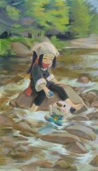 1girl absurdres akari_(pokemon) barefoot berry_(pokemon) black_hair closed_eyes commentary day drooling gen_5_pokemon headscarf highres humanlynn long_hair mouth_drool nintendo oran_berry oshawott outdoors pokemon pokemon_(creature) pokemon_legends:_arceus red_scarf river rock scarf sitting tree wide_shot