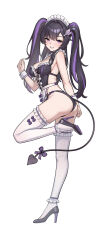 1girl absurdres ass black_hair black_shoes bow breasts cleavage demon_tail fang gotica hair_ornament high_heels highres long_hair maid_headdress moon_momo multicolored_hair purple_bow purple_eyes purple_hair shoes skin_fang smile solo streaked_hair tail tail_bow tail_ornament thighhighs twintails virtual_youtuber vlyz white_background white_thighhighs white_wrist_cuffs wing_hair_ornament wrist_cuffs
