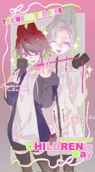 2boys animal_ears aotsuki_eito black_gloves black_hair black_shorts black_thighhighs cat_ears character_name collar collarbone english_text glasses gloves hair_between_eyes hands_up highres hood hoodie jacket leash looking_at_viewer male_focus multiple_boys one_eye_closed open_mouth purple_eyes rabbit_ears red_hair shorts simple_background sumino_takumi sweat sweatdrop teeth the_hundred_line_-last_defense_academy- thighhighs white_hair white_hoodie white_jacket wink yaoi
