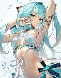 1girl armpits blue_hair duplicate faruzan_(genshin_impact) genshin_impact gold_armlet green_eyes light_blue_hair midriff navel pixel-perfect_duplicate pout presenting_armpit scottie_(phantom2) solo swimsuit upper_body vision_(genshin_impact) water_drop