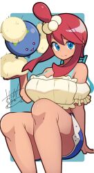 blue_eyes breasts gen_2_pokemon jumpluff large_breasts mituyota_76 official_alternate_costume pokemon pokemon_(creature) pokemon_masters_ex red_hair skyla_(pokemon) skyla_(summer_2025)_(pokemon)