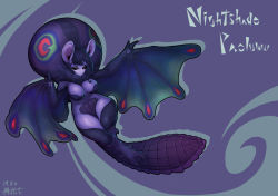 1girl 2019 alternate_color animal_ears artist_name bat_ears bat_girl bat_wings black_sclera blue_wings claws closed_mouth colored_sclera colored_skin dated dragon dragon_girl dragon_wings flying full_body highres monster_girl monster_hunter:_world monster_hunter_(series) muhut neck_fur paolumu personification purple_background purple_fur purple_hair purple_scales purple_skin short_hair solo tail white_eyes winged_arms wings wyvern