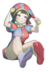 1girl absurdres blue_bodysuit blue_eyes blue_hat blue_socks bodysuit brown_hair cho_chi_tomoe_shou feet foot_focus hat highres jester_cap jester_costume mismatched_socks multicolored_eyes multicolored_hat pale_skin pomni_(the_amazing_digital_circus) red_bodysuit red_eyes red_hat red_socks simple_background sitting socks solo striped_clothes striped_headwear the_amazing_digital_circus two-tone_eyes vertical-striped_bodysuit vertical-striped_clothes vertical-striped_headwear white_background