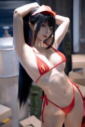 Rule 34 | 1girl, armpits, arms up, asian, bikini, black hair, breasts, brown eyes, chinese (nationality), chunmomo0127, hat, highres, indoors, long hair, looking at viewer, mcdonald&#039;s, mcdonald&#039;s bikini, medium breasts, navel, photo (medium), real life, red bikini, standing, stomach, swimsuit, thighs