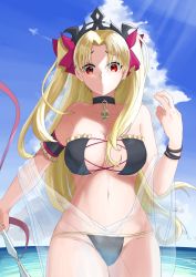 1girl absurdres bare_shoulders bikini black_bikini black_choker breasts choker cleavage commentary_request ereshkigal_(fate) fate/grand_order fate_(series) hair_ribbon highres looking_at_viewer medium_breasts natu_zame ocean red_eyes red_ribbon ribbon solo swimsuit tiara two_side_up