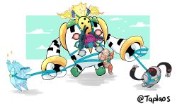 absurdres blue_sky cloud commentary english_commentary gen_3_pokemon gen_4_pokemon gen_8_pokemon highres legendary_pokemon nintendo on_head pokemon pokemon_(creature) pokemon_on_head regice regidrago regieleki regigigas regirock registeel signature sitting sky taplaos walking