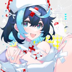 Rule 34 | 1girl, :d, blue eyes, blue hair, bow, collar, commentary request, detached collar, dress, fangs, flower, ghost, grey background, hair ornament, hairclip, hat, jacket, knees up, looking at viewer, multicolored hair, necktie, nurse cap, off shoulder, open clothes, open jacket, open mouth, original, prophet chu, rose, sleeveless, sleeveless dress, smile, solo, streaked hair, twitter username, two-tone hair, watermark, white bow, white collar, white dress, white flower, white hat, white jacket, white necktie, white rose, wing collar, x hair ornament