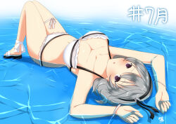 Rule 34 | 1girl, absurdres, ankle strap, arms up, artist name, assault lily, bare arms, bare legs, bare shoulders, bikini, black hairband, black ribbon, black sandals, blush, bow hairband, bracelet, breasts, cleavage, collarbone, commentary request, frilled bikini, frills, full body, grey hair, grey ribbon, hair ribbon, hairband, halterneck, hata matsuri, highres, jewelry, july, knees up, large breasts, leg ribbon, looking at viewer, lying, medium hair, navel, official alternate costume, on back, parted lips, partially submerged, pearl bracelet, purple eyes, ribbon, sandals, senri (senri03151221), shallow water, shirt, solo, stomach, swimsuit, thigh ribbon, translated, two-tone sandals, water, white background, white bikini, white sandals
