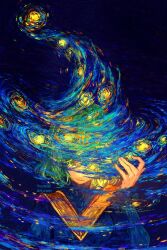 1girl adjusting_clothes adjusting_headwear alternate_costume artist_name blue_background blue_hat blue_robe blue_theme coco_(tongari_boushi_no_atelier) commentary english_commentary glowing glowing_eye green_eyes green_hair hat highres long_sleeves looking_at_viewer making-of_available painttool_sai_(medium) robe solo starry_night_(van_gogh) tongari_boushi_no_atelier upper_body watermark web_address witch_hat yuumei