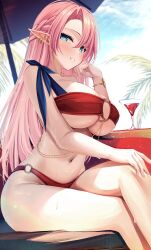 1girl alternate_costume azur_lane bikini blue_eyes braid breasts chain cleavage cocktail_glass cup day drinking_glass duke_of_york_(azur_lane) feet_out_of_frame from_side gold_chain highres long_hair looking_at_viewer mutsumi_nemuru o-ring o-ring_bikini outdoors palm_tree pink_hair pointy_ears red_bikini sitting smile solo stomach strapless strapless_bikini summer swimsuit tree
