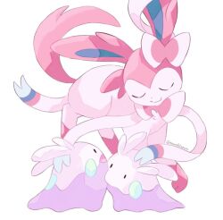 animal_focus black_eyes check_commentary closed_eyes closed_mouth commentary_request gen_6_pokemon goomy nintendo no_humans open_mouth pokemon pokemon_(creature) smile sorashiramu sylveon twitter_username white_background