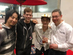 4boys alcohol beer character_request glasses hands_on_shoulders hood hoodie jacket male_focus moot multiple_boys nishimura_hiroyuki_(2ch) parasol photo_(medium) real_life shirt umbrella zun zun_hat