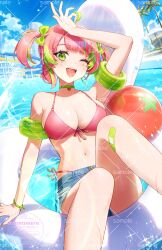 1girl ;d ahoge akabino arm_up bandaid bare_shoulders bikini blue_shorts bow breasts choker cleavage cutoffs day denim denim_shorts front-tie_bikini_top front-tie_top green_choker green_eyes green_hair hair_bow halterneck highres indie_virtual_youtuber inflatable_armbands innertube large_breasts legs_up long_hair looking_at_viewer multicolored_hair navel one_eye_closed open_mouth outdoors pink_hair red_bikini shading_eyes short_shorts shorts side-tie_bikini_bottom side-tie_peek slice_of_toma smile solo stomach string_bikini swim_ring swimsuit thighs twintails two-tone_hair virtual_youtuber wet