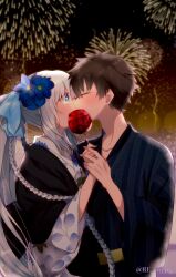1boy 1girl aerial_fireworks artist_name black_hair black_kimono blue_eyes blue_flower candy_apple closed_eyes fate/grand_order fate_(series) fireworks flower food fujimaru_ritsuka_(male) grey_hair hair_flower hair_ornament hetero highres japanese_clothes kimono kiss long_hair morgan_le_fay_(fate) night night_sky ponytail print_kimono re_re9315 short_hair sky twitter_username upper_body white_kimono yukata