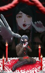 Rule 34 | 1boy, 1girl, androgynous, armband, bandaged hand, bandages, black hair, black mask, candle, chain, checkered clothes, closed eyes, commentary request, covered mouth, danganronpa (series), danganronpa v3: killing harmony, eyelashes, foreshortening, fork, gakuran, highres, holding, holding fork, jacket, kut null, light particles, lipstick, long hair, long sleeves, looking at viewer, makeup, male focus, mask, mouth mask, narrowed eyes, petals, possessed, reaching, reaching towards viewer, red armband, red lips, red rope, rope, rose petals, school uniform, shinguji korekiyo, shinguji korekiyo&#039;s sister, sitting, yellow eyes