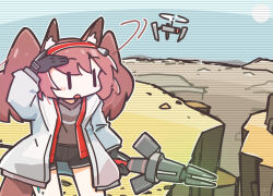 1girl angelina_(arknights) animal_ear_fluff animal_ears arknights black_gloves black_shirt black_shorts blue_sky blush coat commentary day desert drone earpiece fox_ears fox_girl fox_tail gloves hairband hand_on_own_head highres holding holding_staff jacket keirono long_hair long_sleeves material_growth open_clothes open_coat open_jacket open_mouth oripathy_lesion_(arknights) outdoors outline red_hairband red_jacket scanlines shirt short_shorts shorts sky solo staff striped_clothes striped_hairband sun tail twintails two-tone_hairband white_coat white_outline |_|