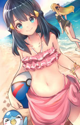 2girls ball beach beachball bikini black_hair black_one-piece_swimsuit blonde_hair blue_eyes blue_sky bracelet breasts closed_mouth cloud collarbone commentary_request cynthia_(pokemon) dawn_(pokemon) day e-co gen_4_pokemon holding holding_ball jewelry long_hair looking_at_viewer medium_breasts multiple_girls navel nintendo ocean one-piece_swimsuit outdoors pink_bikini piplup pokemon pokemon_(creature) pokemon_dppt sand sarong short_hair sky small_breasts smile swimsuit