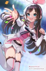 1girl :d black_bow black_bowtie blue_eyes blush boots bow bow_hairband bowtie breasts brown_hair buttons commentary confetti cowboy_shot detached_sleeves double-breasted english_commentary hairband jumping kizuna_ai kizuna_ai_inc. ko-fi_username long_hair looking_at_viewer midriff_peek multicolored_hair navel open_mouth pink_bow pink_hairband pink_skirt reaching reaching_towards_viewer sailor_collar sailor_shirt shirt shorts simple_background skirt sleeveless sleeveless_shirt small_breasts smile solo spoon_kitty stage straight_hair streaked_hair thigh_boots thighhighs twitter_username two-tone_shirt virtual_youtuber white_boots white_sailor_collar white_shirt white_shorts white_thighhighs wide_sleeves