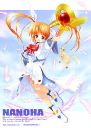 Rule 34 | 00s, 1girl, bad id, bad pixiv id, blue eyes, blush, boots, bow, brown hair, character name, copyright name, feathers, female focus, ferret, floating, floating hair, highres, jacket, looking at viewer, lyrical nanoha, magical girl, mahou shoujo lyrical nanoha, purple eyes, raising heart, raising heart (device mode), red hair, shoes, sky, smile, solo, staff, takamachi nanoha, takamachi nanoha (original mode), tom (1art.), twintails, uniform, upskirt, watermark, web address, winged footwear, wings, yuuno scrya