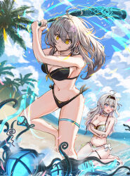 2girls ahoge anger_vein angry baseball_bat beach bikini black_bikini blue_sky breasts cleavage commentary_request commission day firefly_(honkai:_star_rail) front-tie_bikini_top front-tie_top grey_hair hairband highres honkai:_star_rail honkai_(series) isome medium_breasts monster multiple_girls navel ocean outdoors pixiv_commission revision side-tie_bikini_bottom sky stelle_(honkai:_star_rail) swimsuit tentacles trailblazer_(honkai:_star_rail) water weapon white_bikini white_hair