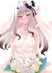 1girl absurdres bare_shoulders blue_bow blush bouquet bow breasts bridal_veil bride chest_jewel collarbone crying crying_with_eyes_open detached_sleeves dress falling_petals fate/grand_order fate_(series) flower forked_eyebrows full_body hair_flower hair_ornament happy_tears highres holding holding_bouquet jewelry long_hair looking_at_viewer melusine_(fate) petals raji_(largesaint2210) rose sidelocks simple_background small_breasts smile solo standing strapless strapless_dress tears tiara tuxedo veil wedding wedding_dress white_background white_dress white_flower white_hair white_petals white_rose yellow_eyes
